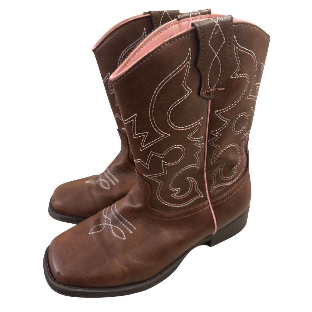 Wonder Nation Girls Brown Pink Western Cowboy Boots Square Toe Size 3 Wide